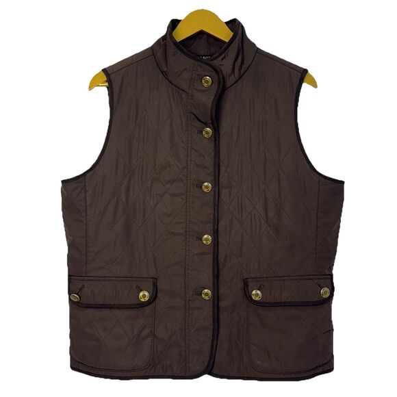 Talbots Womens Quilted Vest Size LP Brown Snap Button Fleece Lining Safari Work - Picture 1 of 5